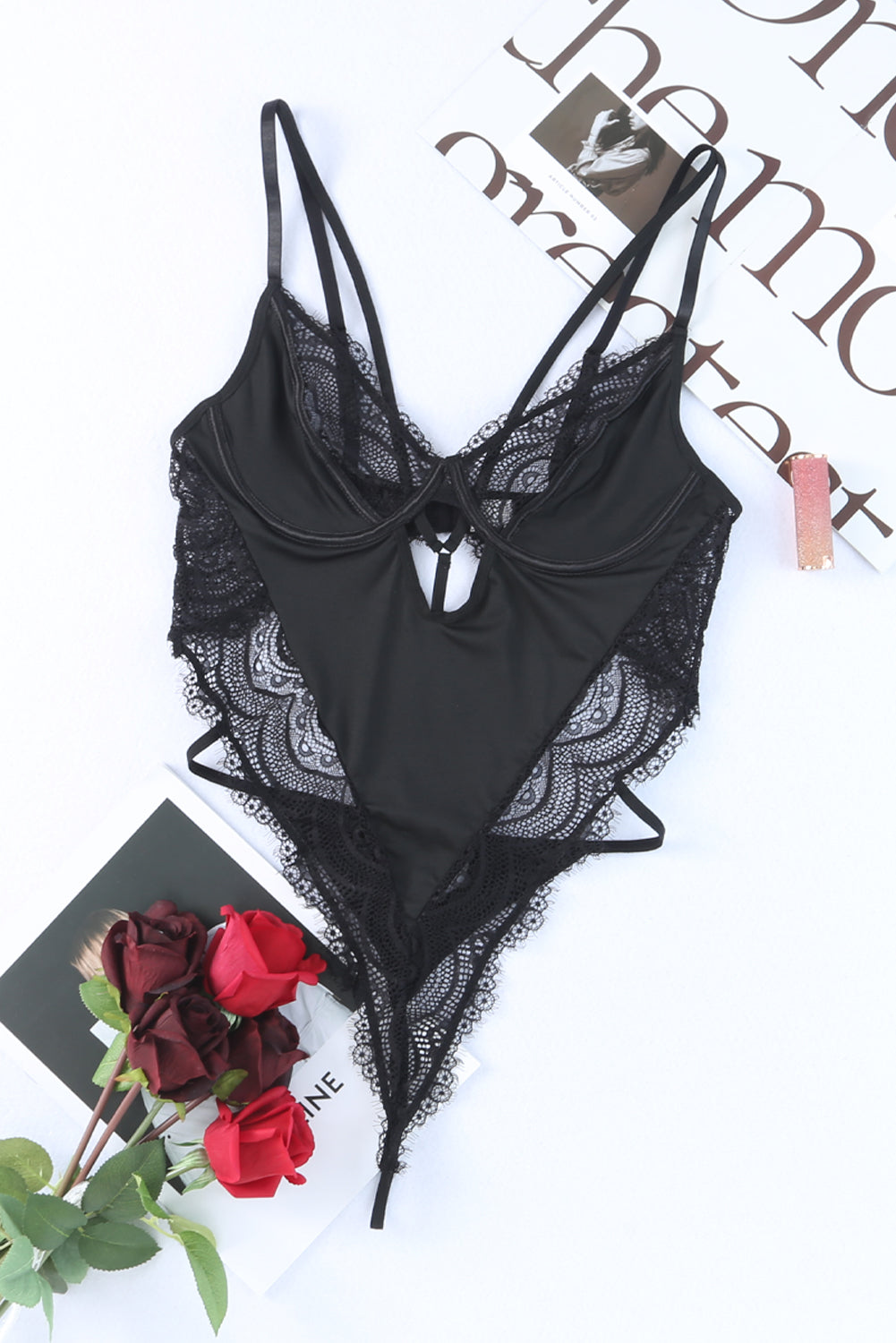 Black Lace Satin Cutout Strappy Teddy Lingerie