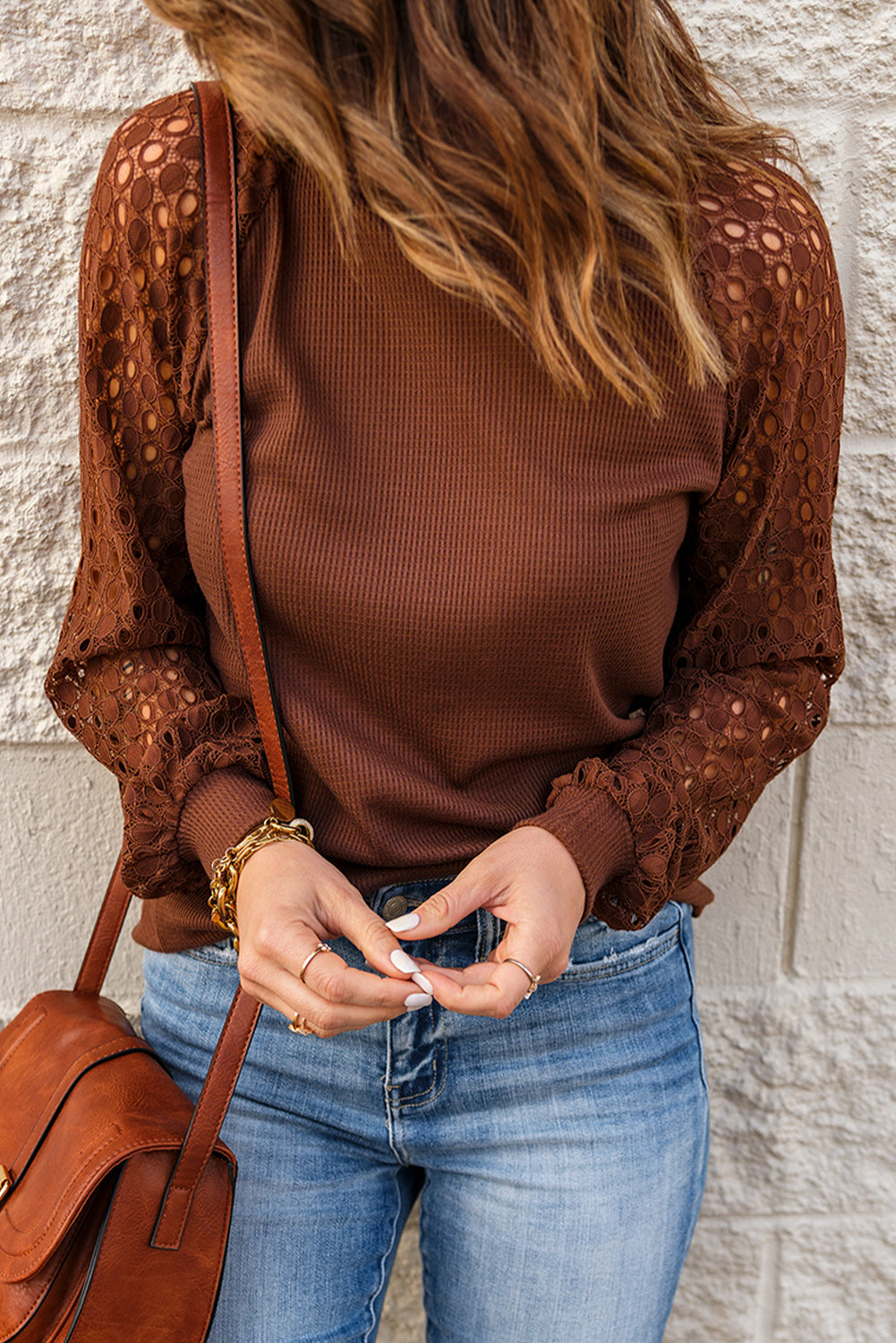 Brown Lace Contrast Long Sleeve Waffle Knit Top