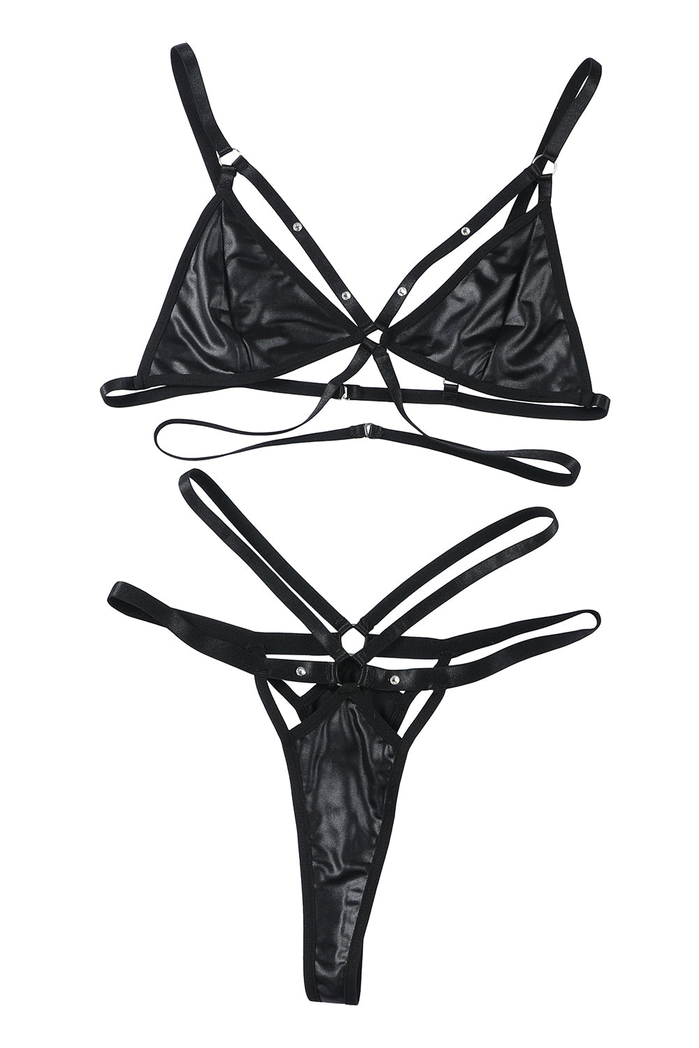 Black Leather Strappy Bra and Thong Lingerie Set