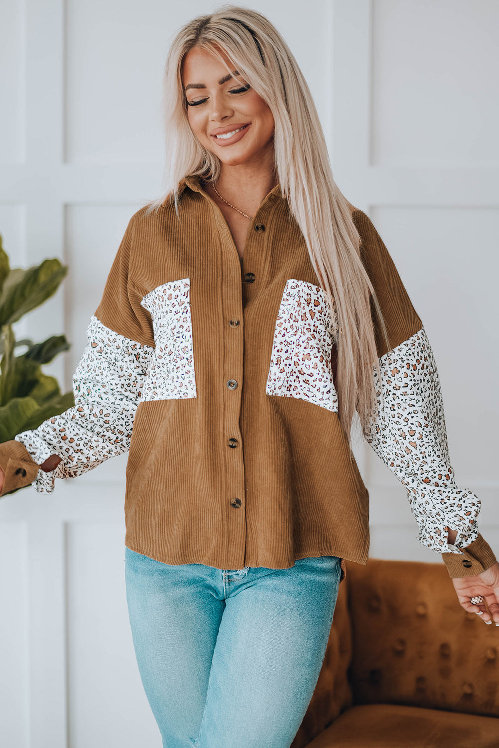 Gray Leopard Patchwork Corduroy Buttoned Shirt Jacket