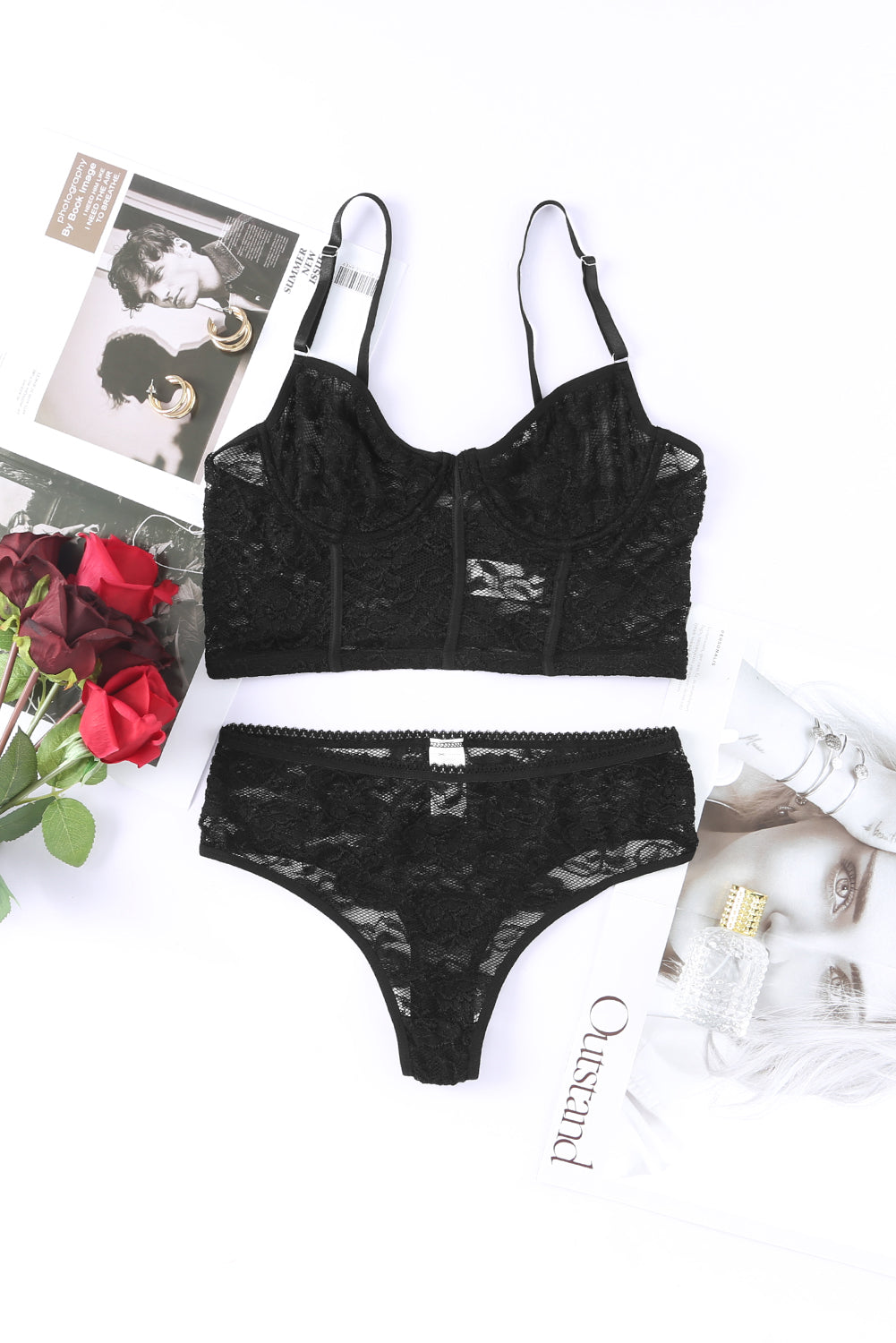 Black Soft Bone Lace Bustier Lingerie Set