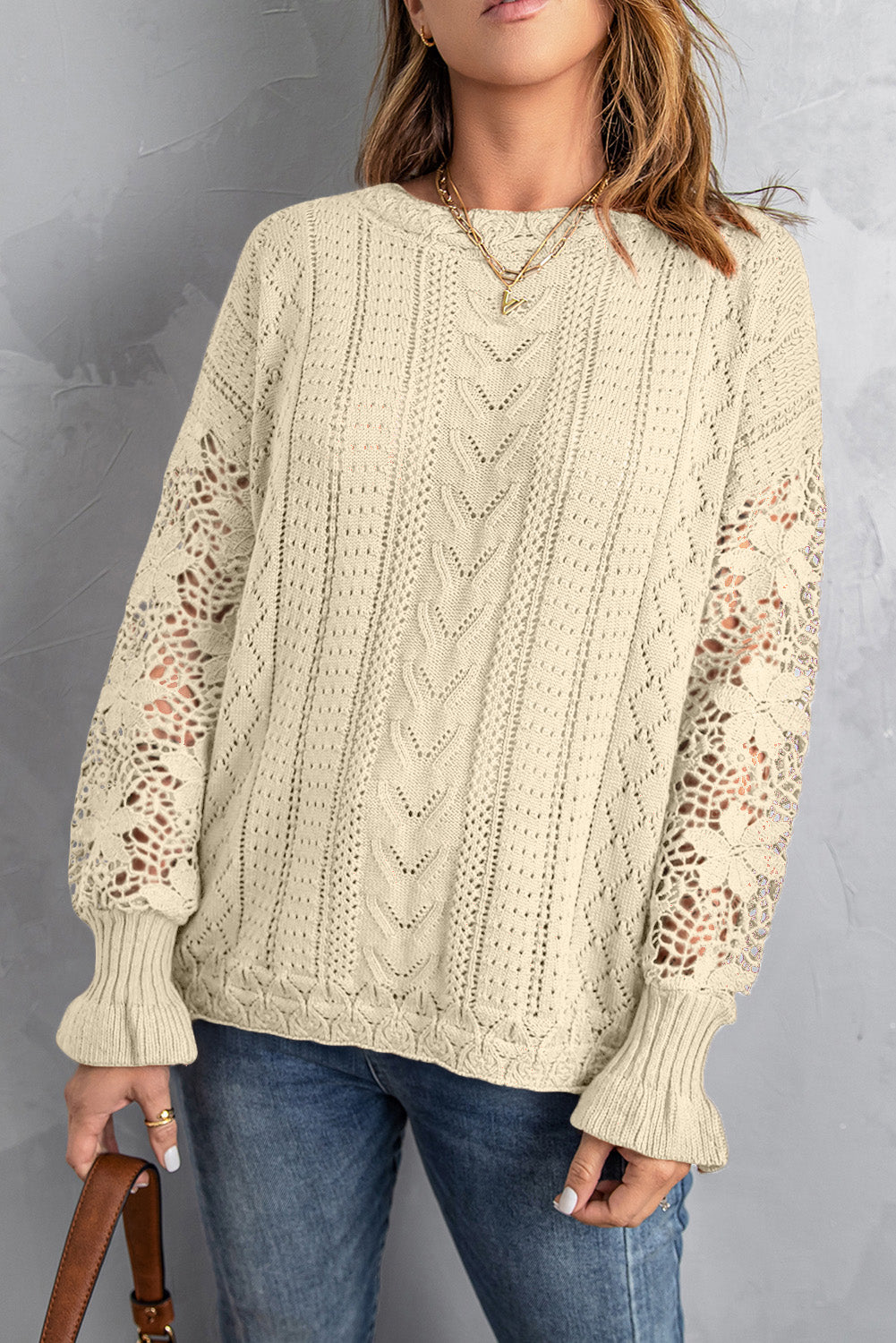 Blue Crochet Lace Pointelle Knit Sweater