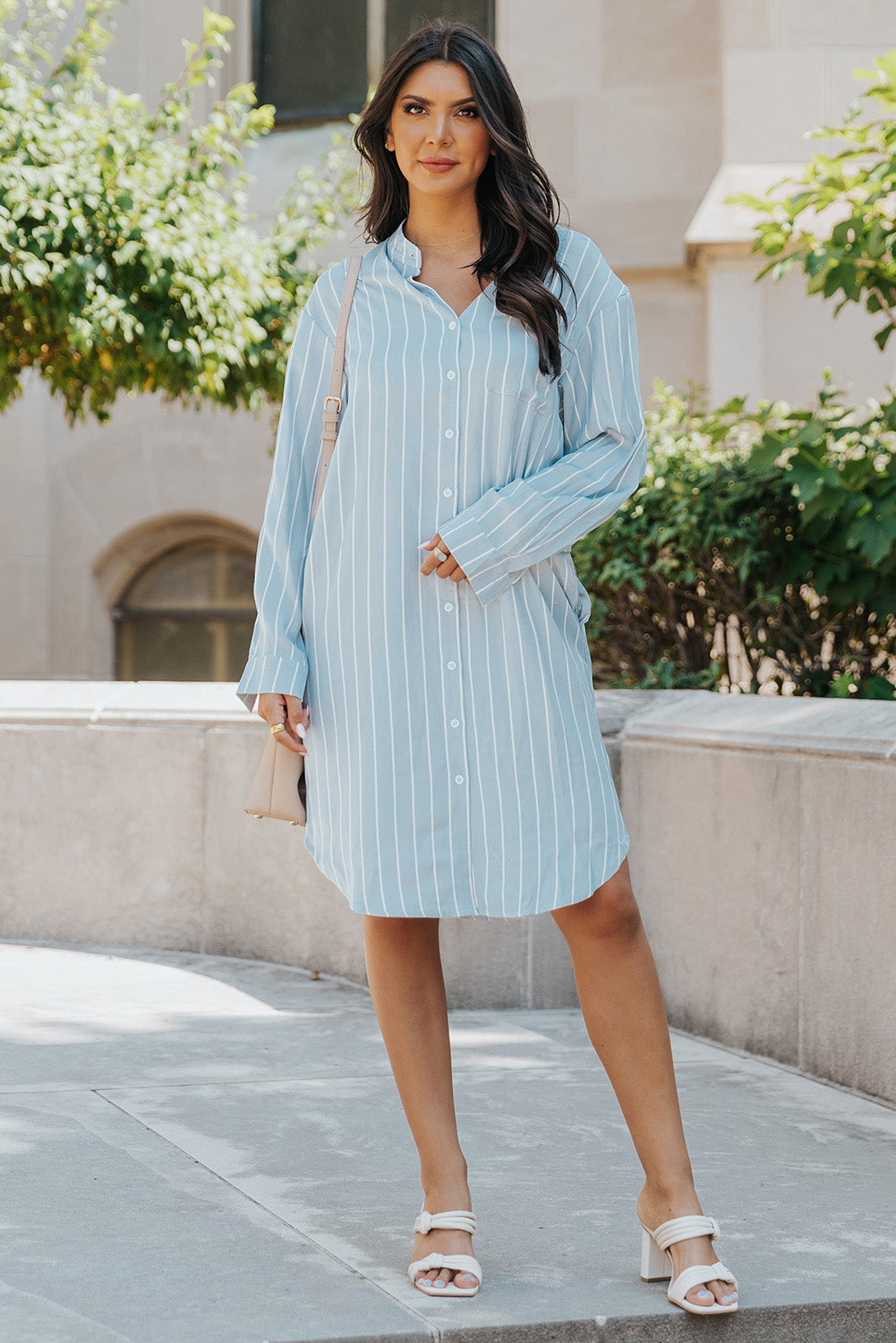 Sky Blue Striped Shirt Midi Dress with Sash