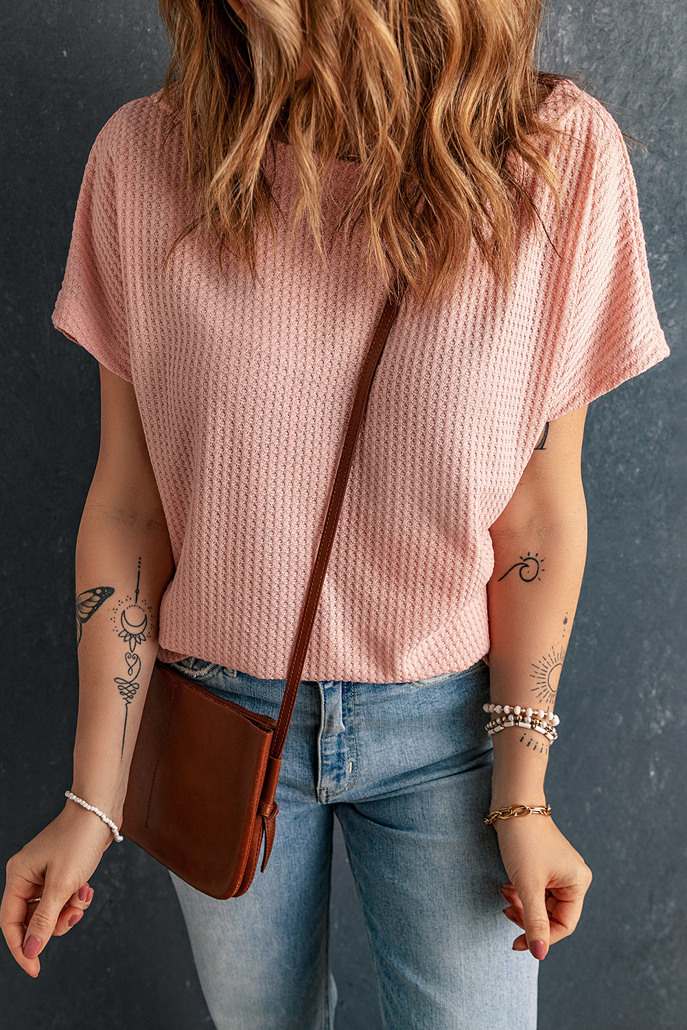 Pink Wide High Straight Neck Waffle Knit Top