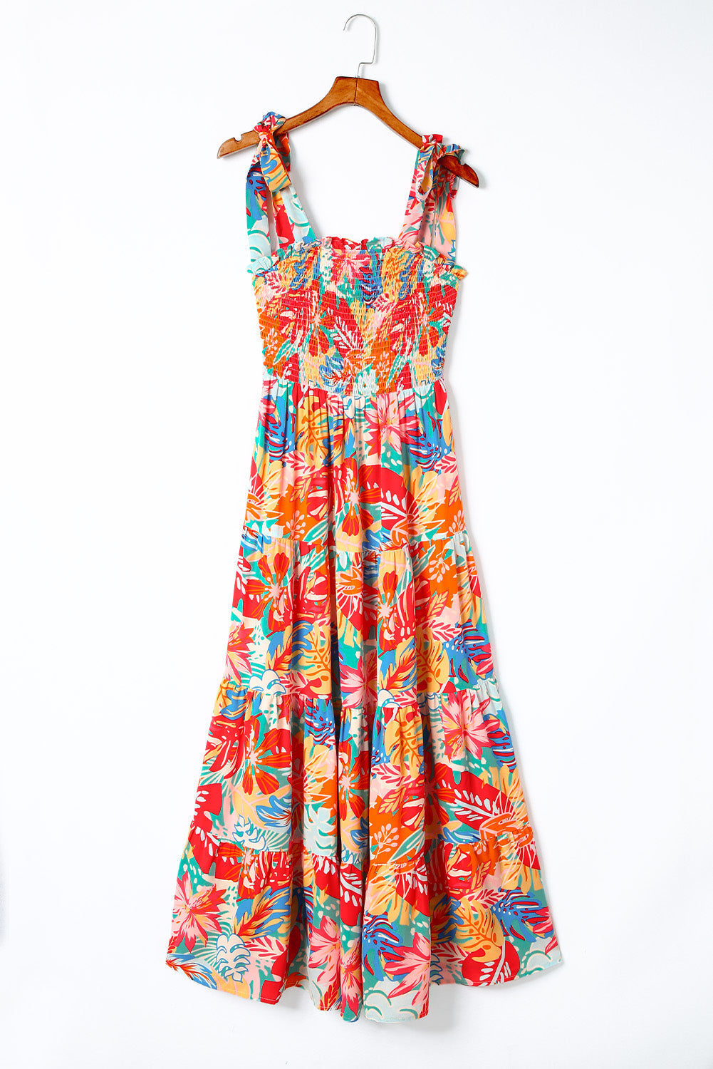 Multicolor Vibrant Tropical Print Smocked Ruffle Tiered Maxi Dress