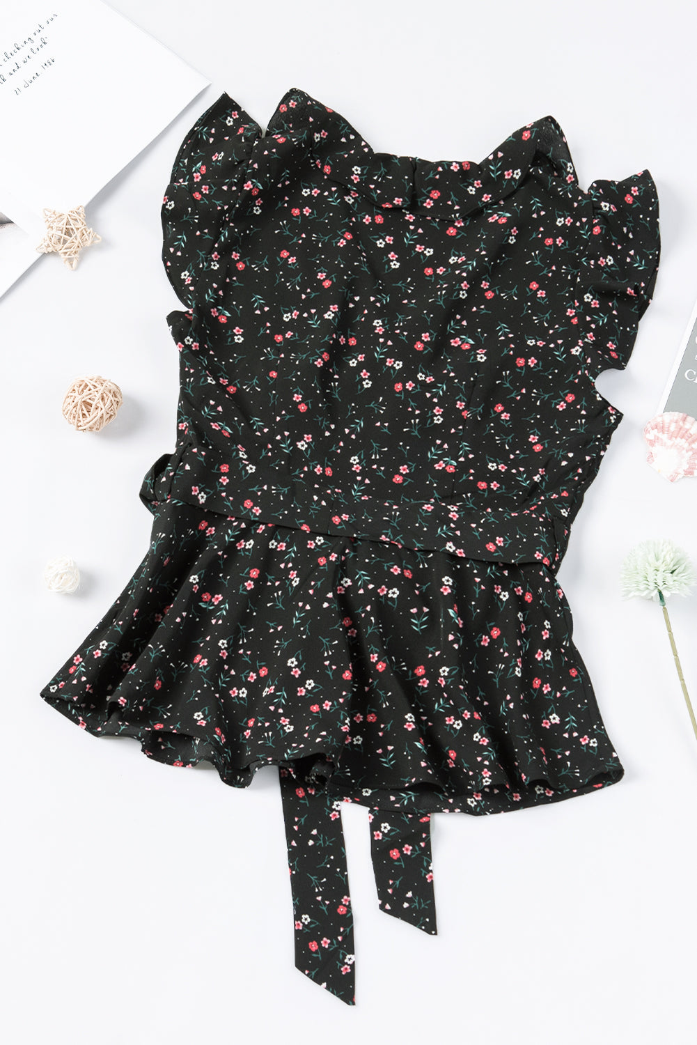Black Floral Print Belted Ruffled V Neck Sleeveless Top