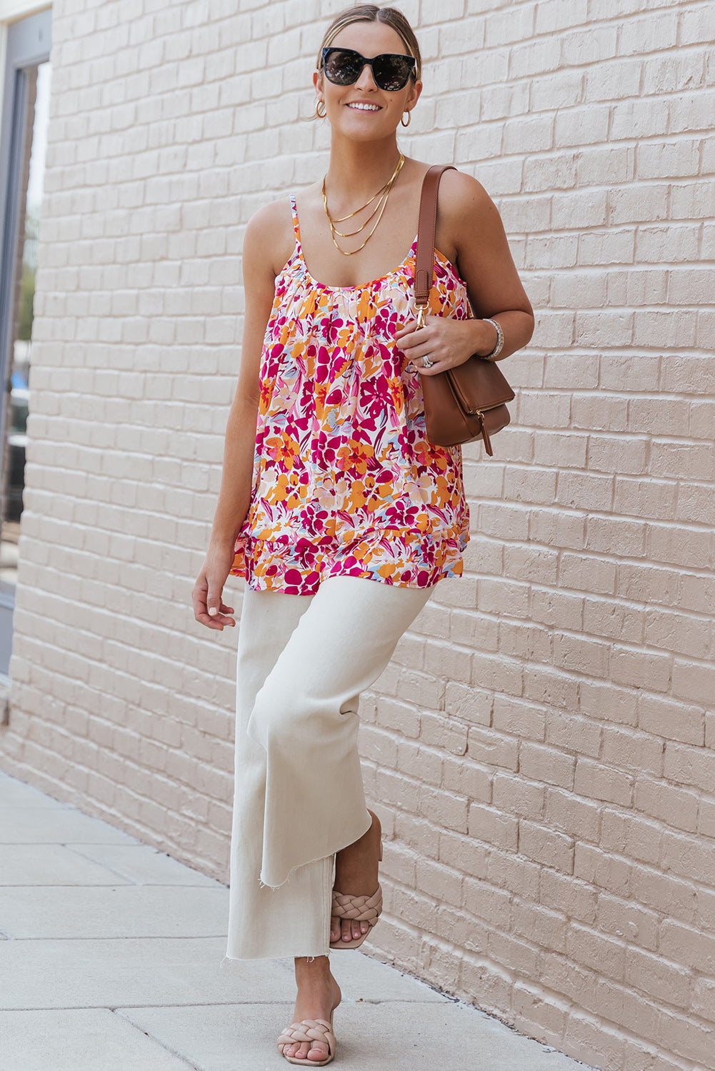 Red Floral Print Loose Fit Spaghetti Strap Tank Top