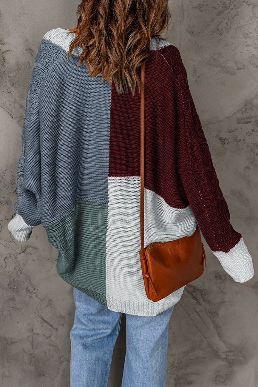 Brown Color Block Loose Open Front Knitted Cardigan