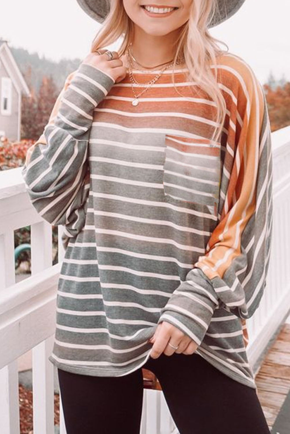 Stripe Gradient Chest Pocket Long Sleeve Top