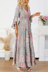 Green Paisley Printed Ruffle Trim Elegant Maxi Dress