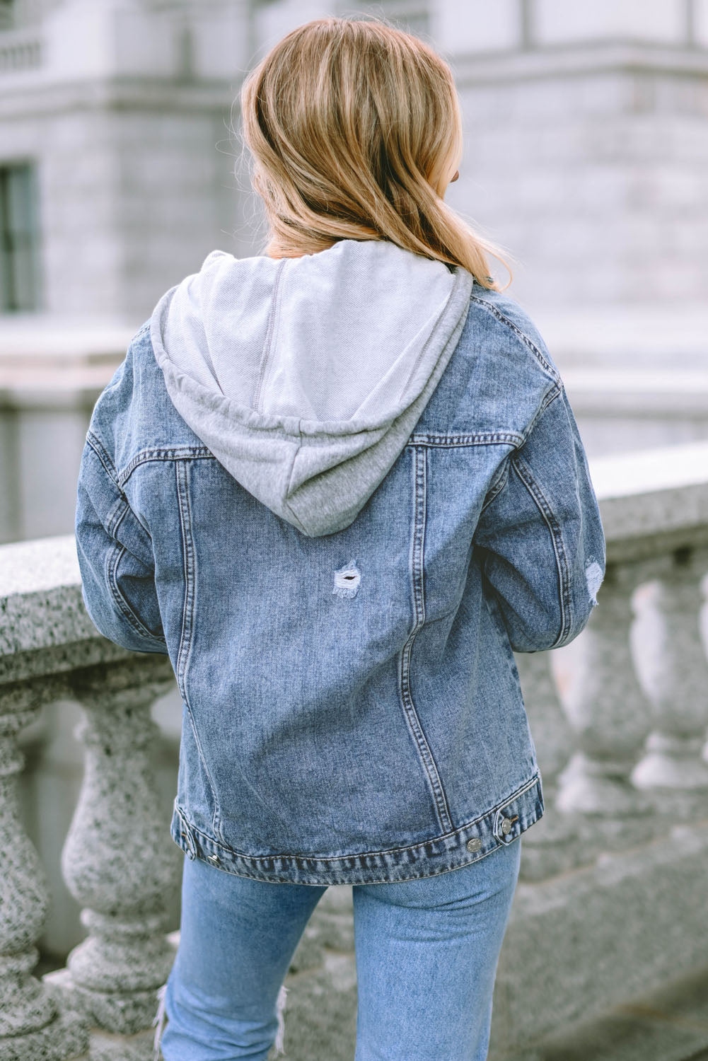 Sky Blue Rhinestone Fringed Pocket Buttoned Hooded Denim Jacket