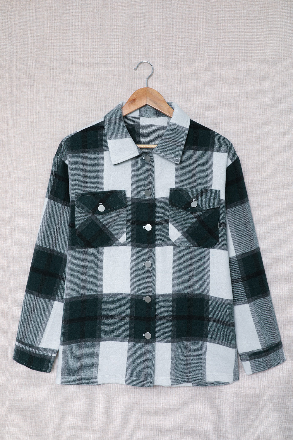 Khaki Plaid Print Buttoned Shirt Coat with Pocket