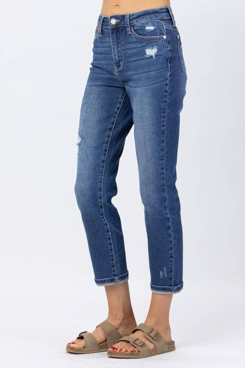 High Rise Rainbow Embroidery Cropped Straight Leg Jeans