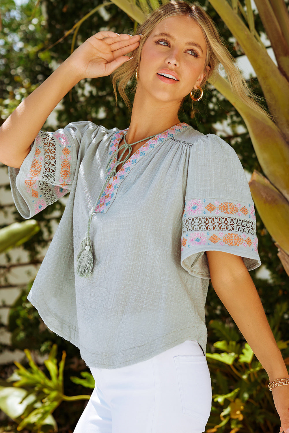 Beige Tassel Drawstring Embroidered Half Sleeve V Neck Top