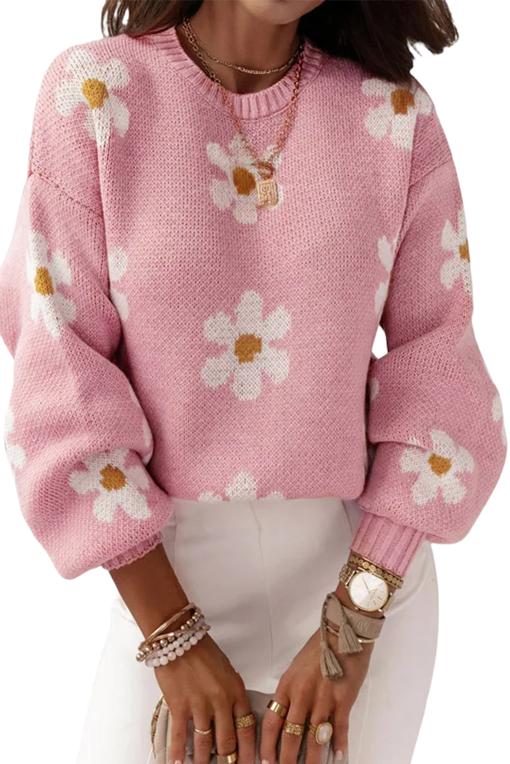 Pink Floral Pattern Drop Shoulder Sweater