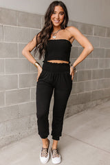 Black Smocked Tube Top and High Waist Pants Set