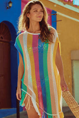 Multicolor Stripe Tasseled Crochet Beach Cover Up