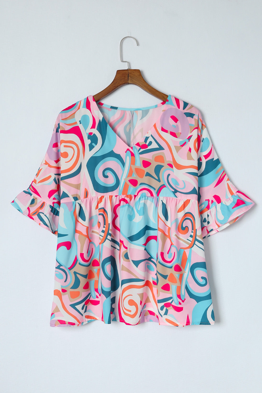 Sky Blue Abstract Print Ruffle V Neck Blouse