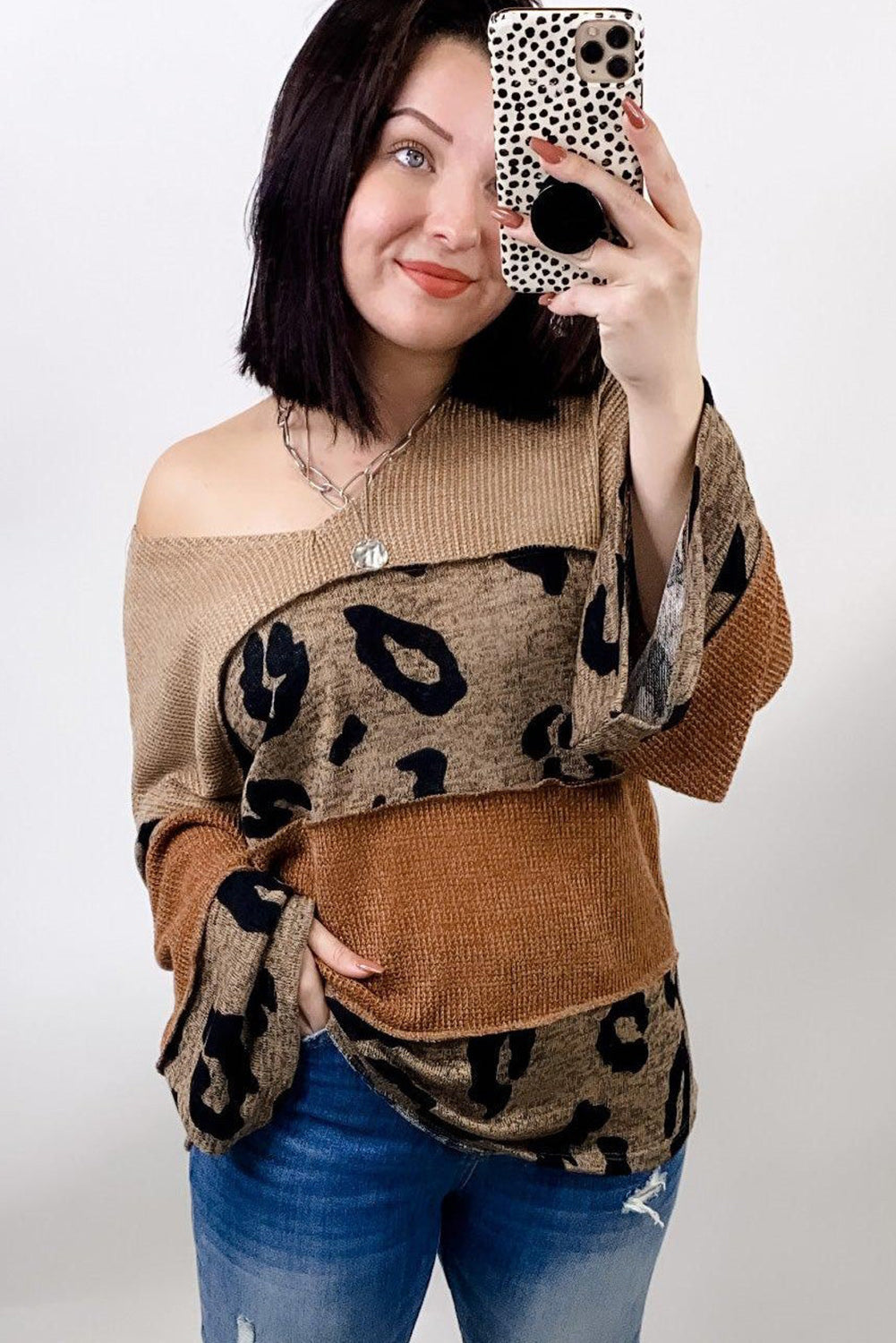 Leopard Colorblock Patchwork V-Neck Loose Sleeve Knit Top