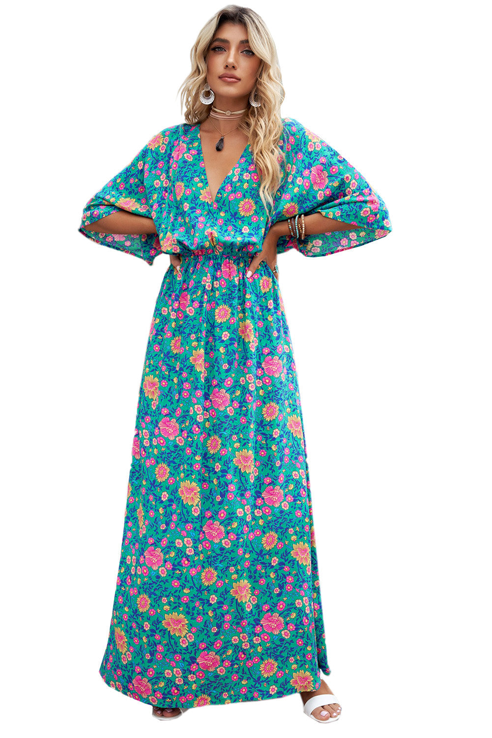 Green Boho Amicgp V Neck Floral Maxi Dress