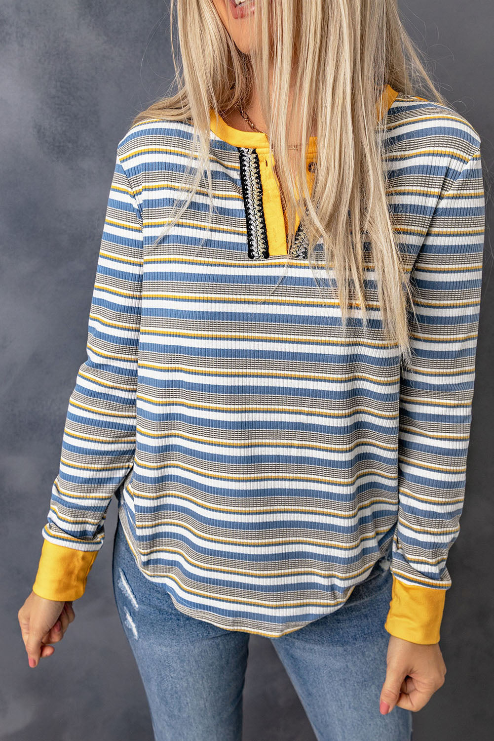 Striped Knit Button Neck Long Sleeve Top