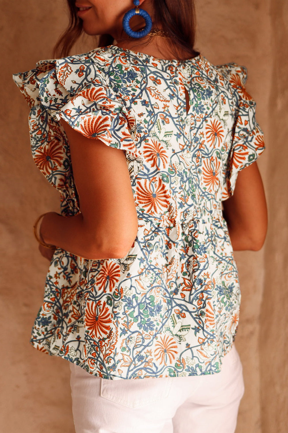 Round Neck Ruffled Flutter Sleeve Floral Mini Dress