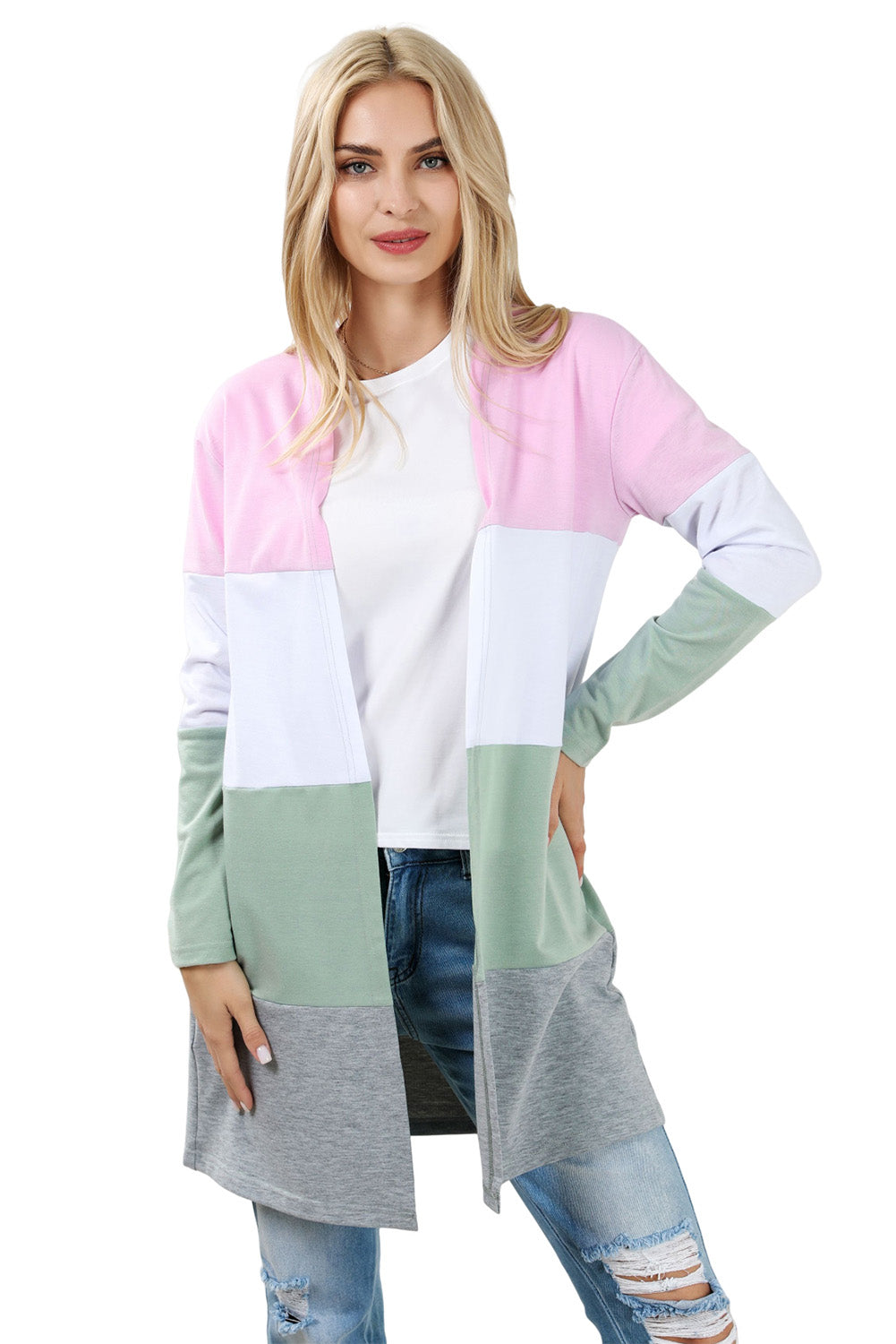 Pink Plus Size Colorblock Open Front Cardigan