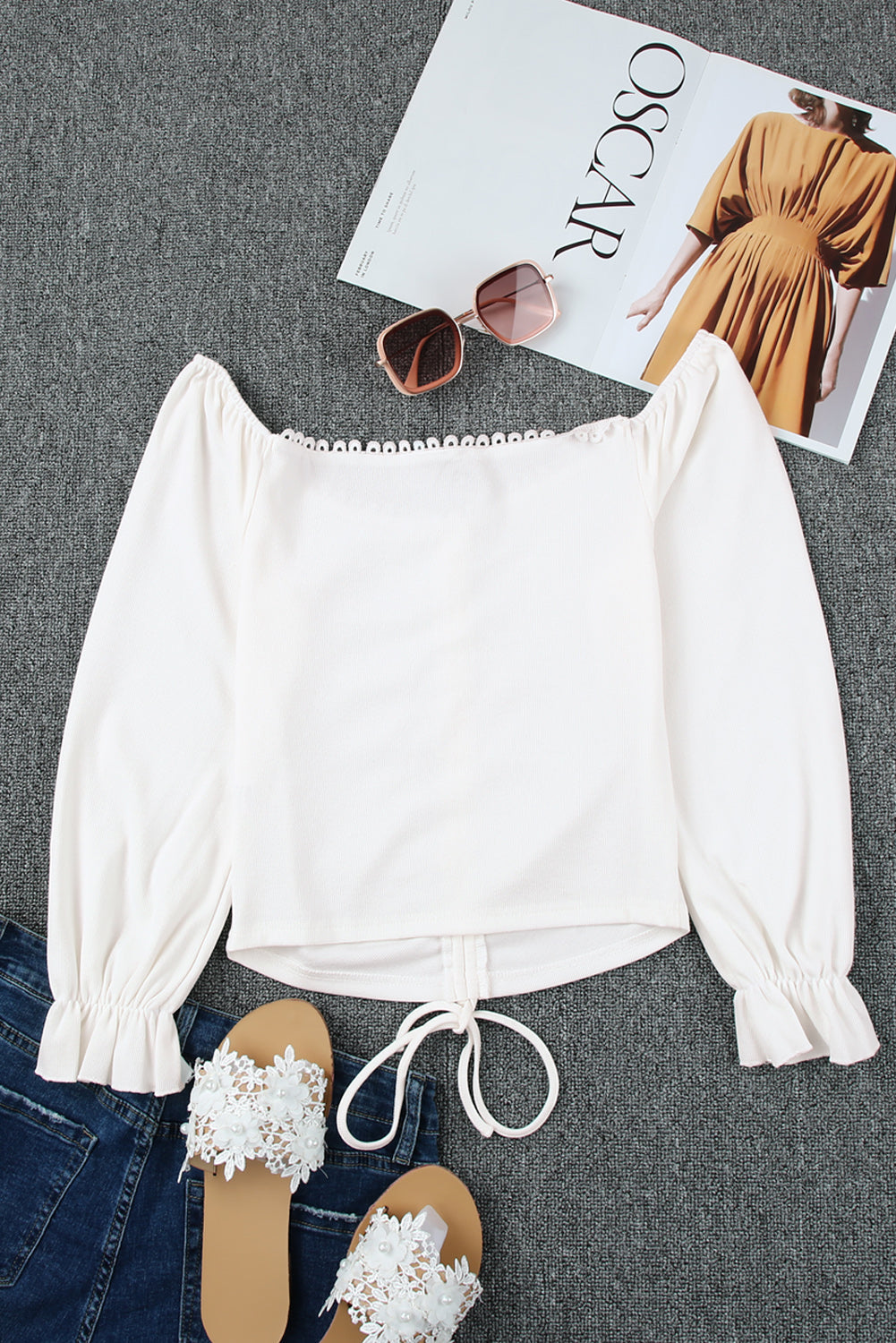 White Drawstring Ruched Off The Shoulder Crop Top