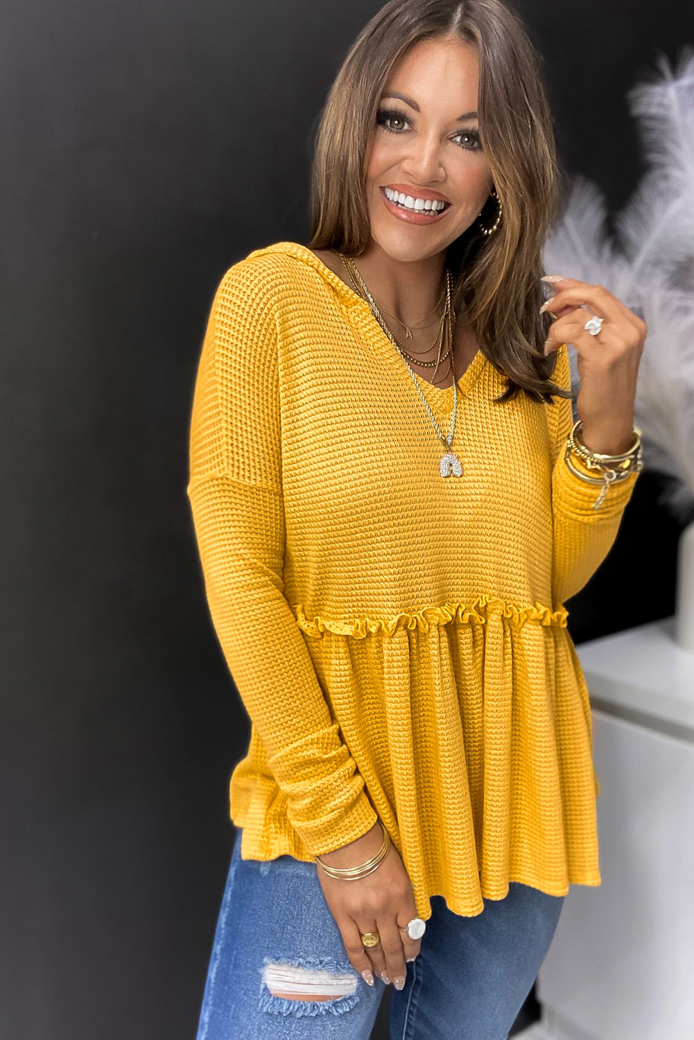 Yellow V Neck Drop Shoulder Hooded Flowy Top with Frill