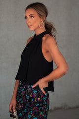 Black Halter Neck Pleated Tank Top