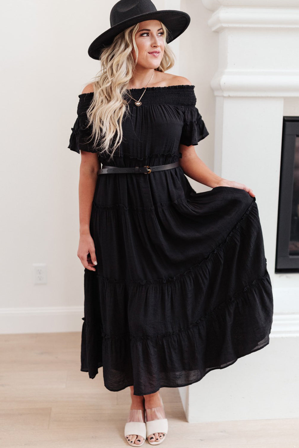 Black Plus Size Smocked Off Shoulder Frill Tiered Maxi Dress