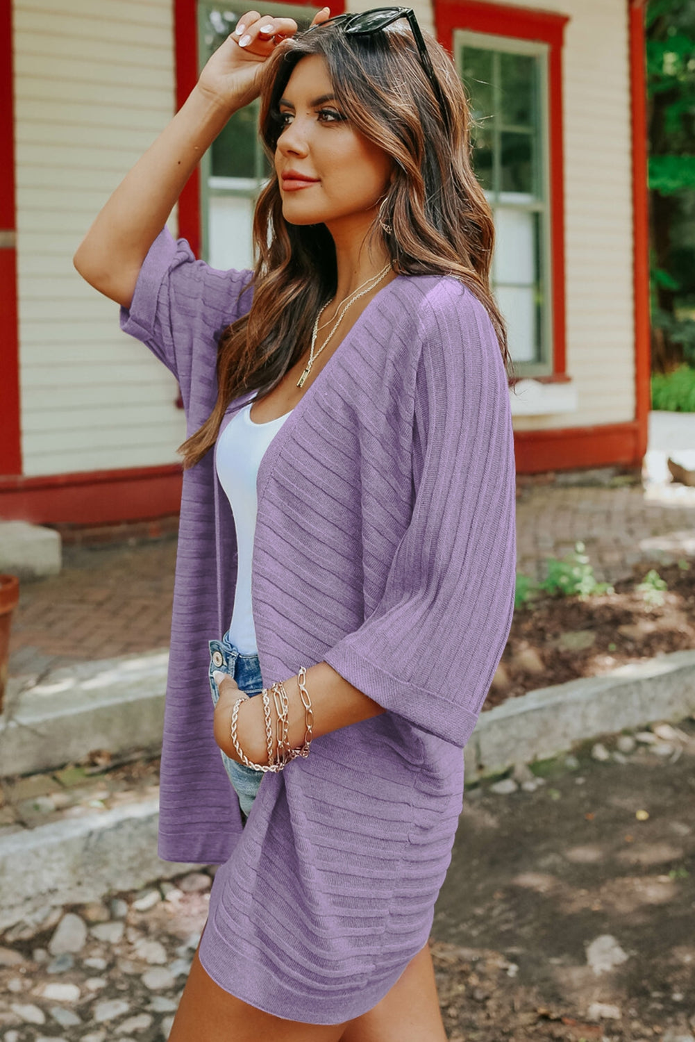 Red Ribbed Open Front Knit Cardigan
