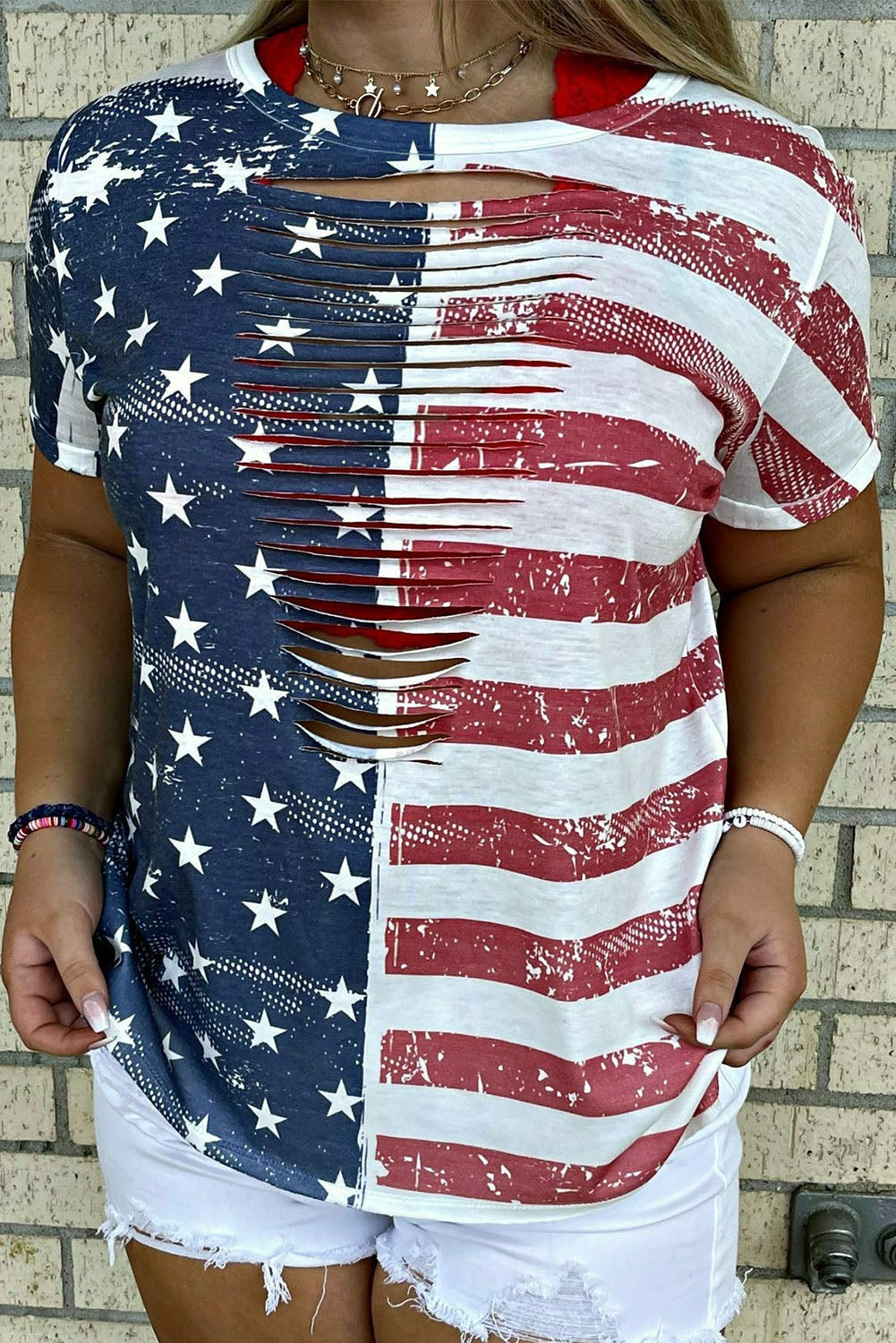 Multicolor Plus Size Laser Cut USA Flag Printed T-shirt