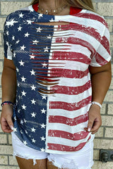 Multicolor Plus Size Laser Cut USA Flag Printed T-shirt