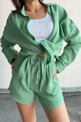 Green Crinkle Long Sleeve Shirt Drawstring Shorts Sets