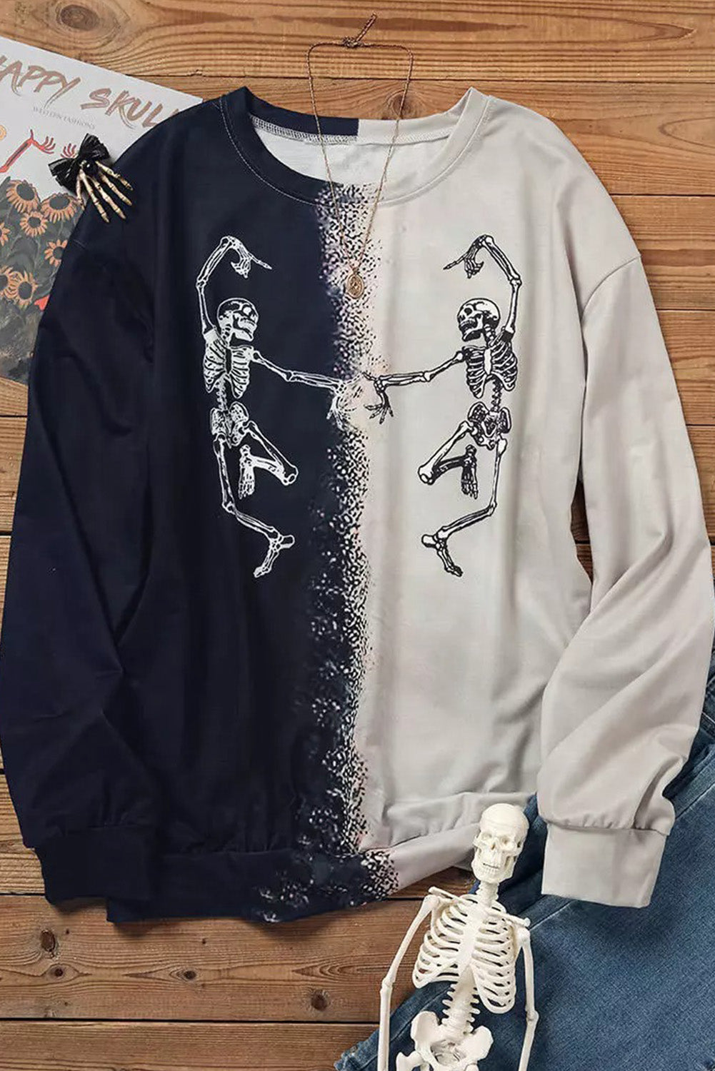 Black Halloween Color Block Dancing Skeleton Sweatshirt
