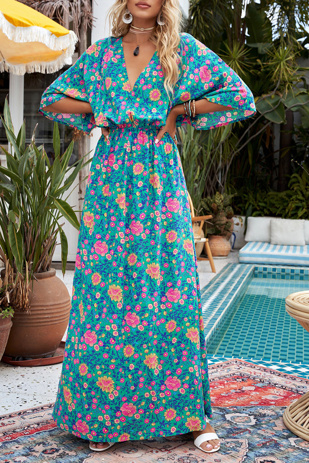 Green Boho Amicgp V Neck Floral Maxi Dress