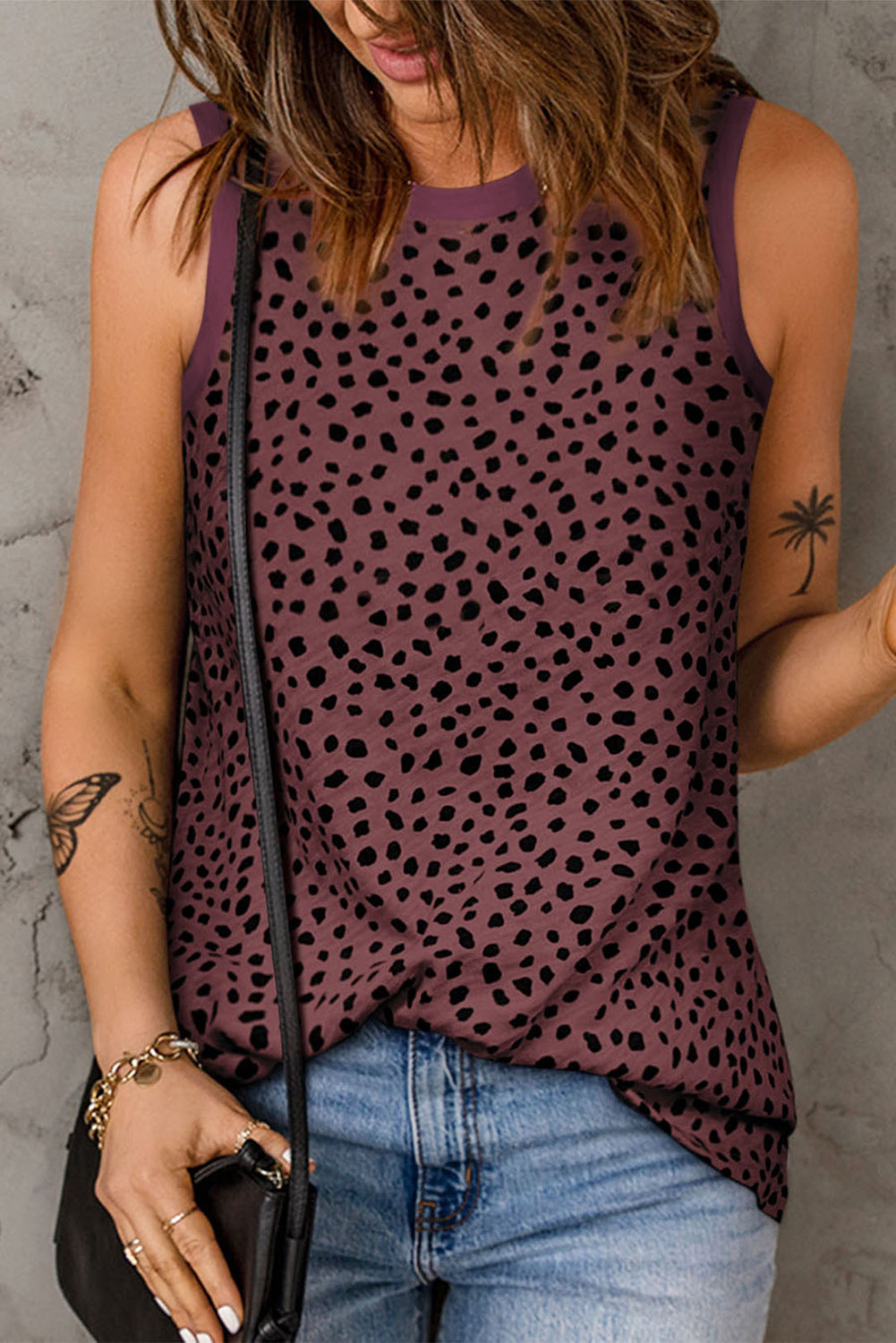 Pink Leopard Print Round Neck Tank Top