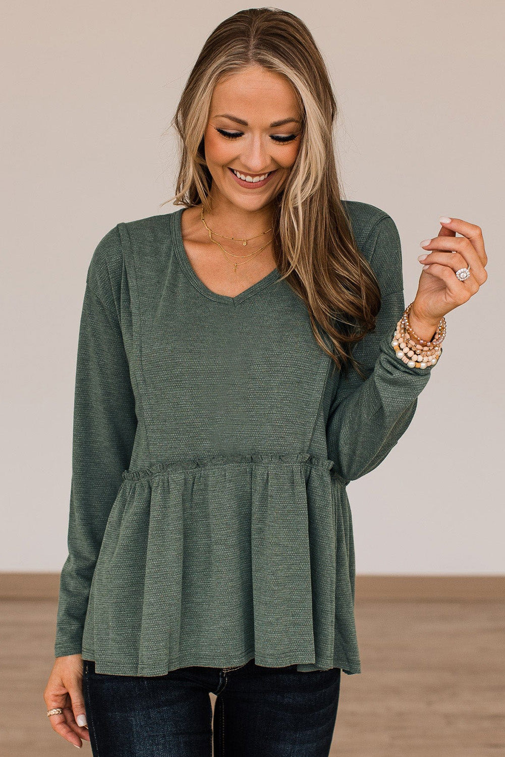 Green Outseam Detail Long Sleeve Peplum Top