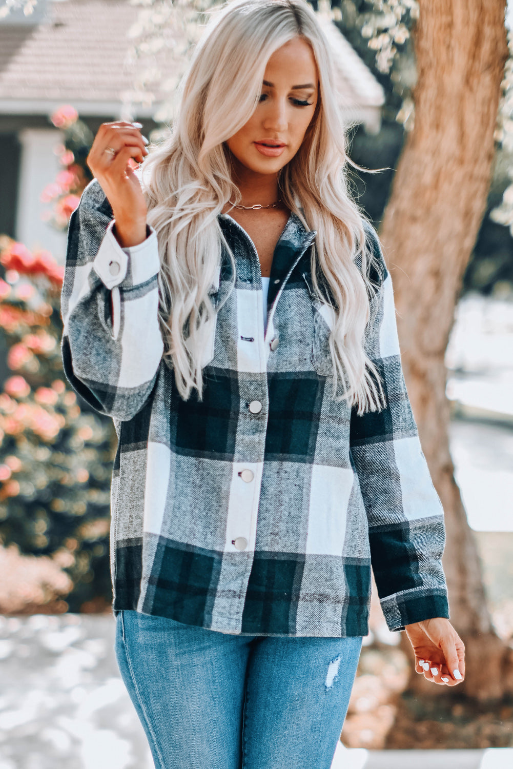 Khaki Plaid Print Buttoned Shirt Coat with Pocket