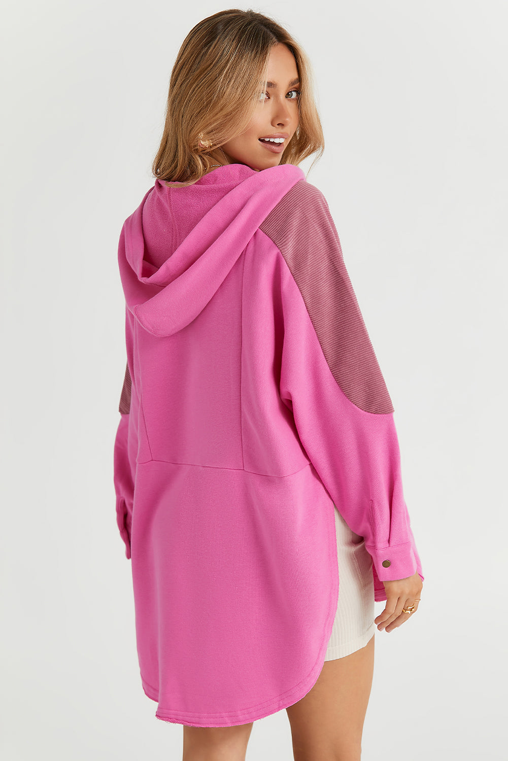 Rose Patchwork Side Pockets Oversized Henley Hoodie