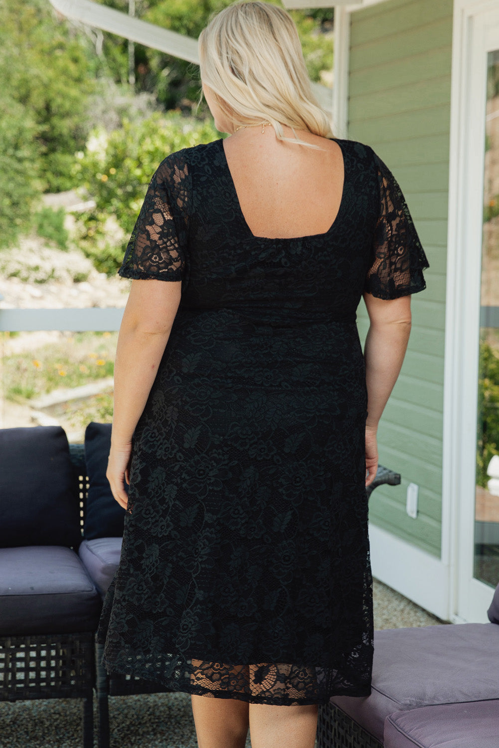 Black Plus Size Lace Flutter Sleeves Flare Midi Dress