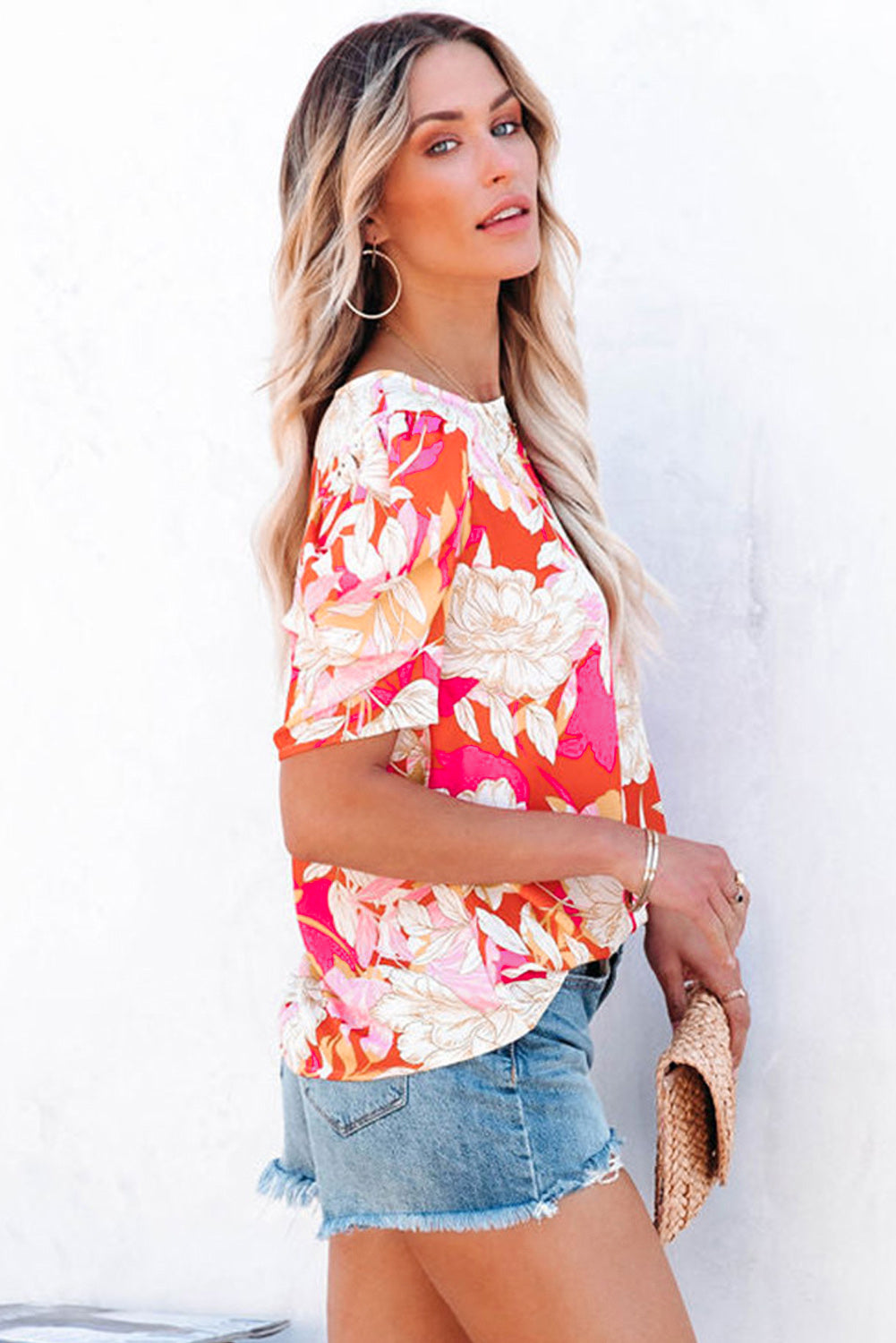 Sky Blue Floral Print Short Puff Sleeves Top