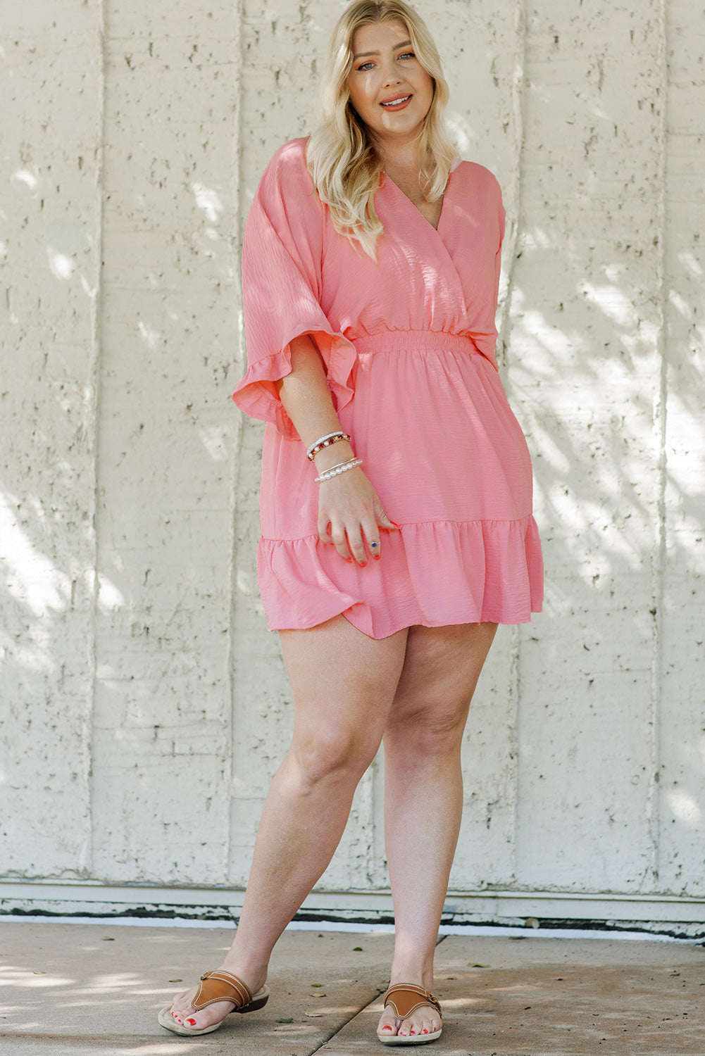 Pink Ruffled Knotted Open Back Wrap V Neck Plus Size Dress