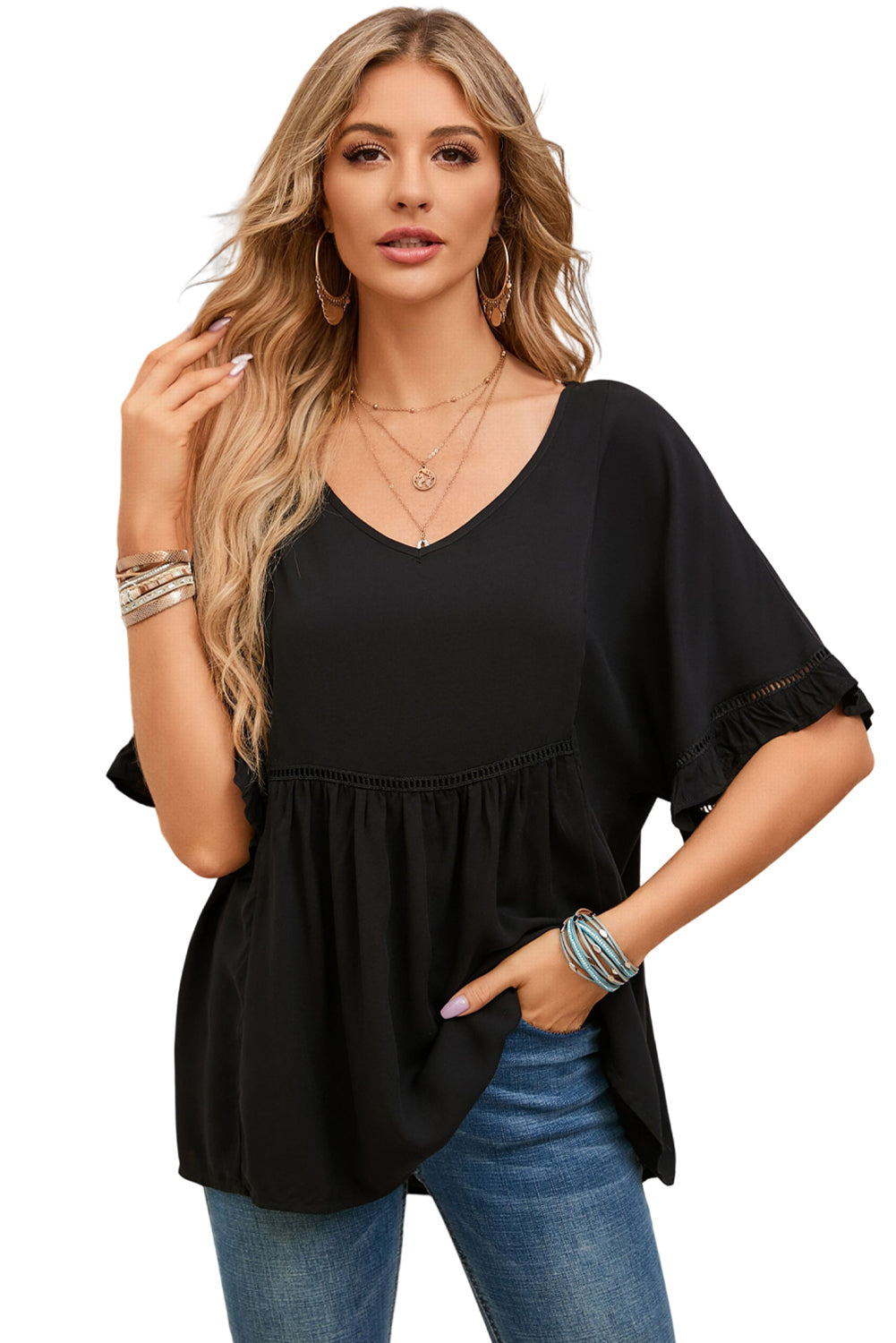 Apricot Ruffled Lace Detail Loose V Neck Top