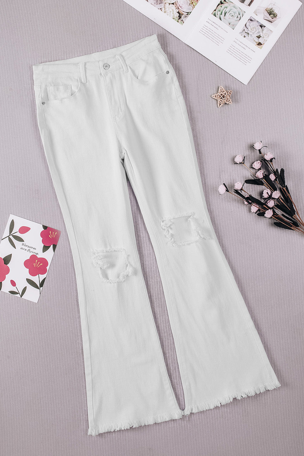 White Distressed Hollow-out Knee Frayed Flare Jeans