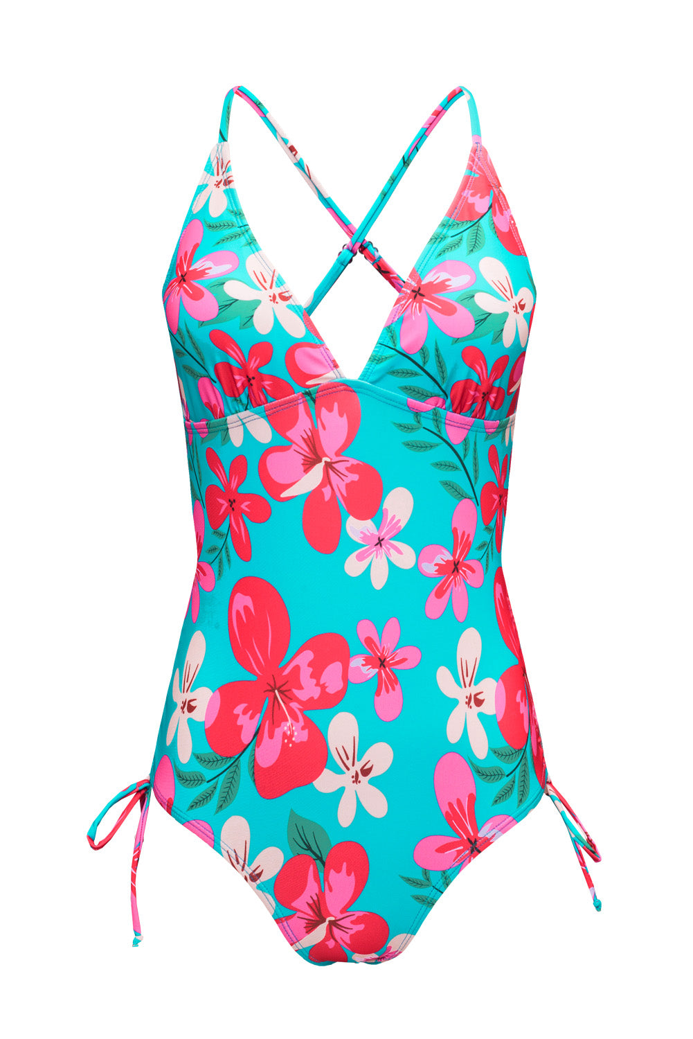 Sky Blue Flower Print Open Back One-piece Swimwear