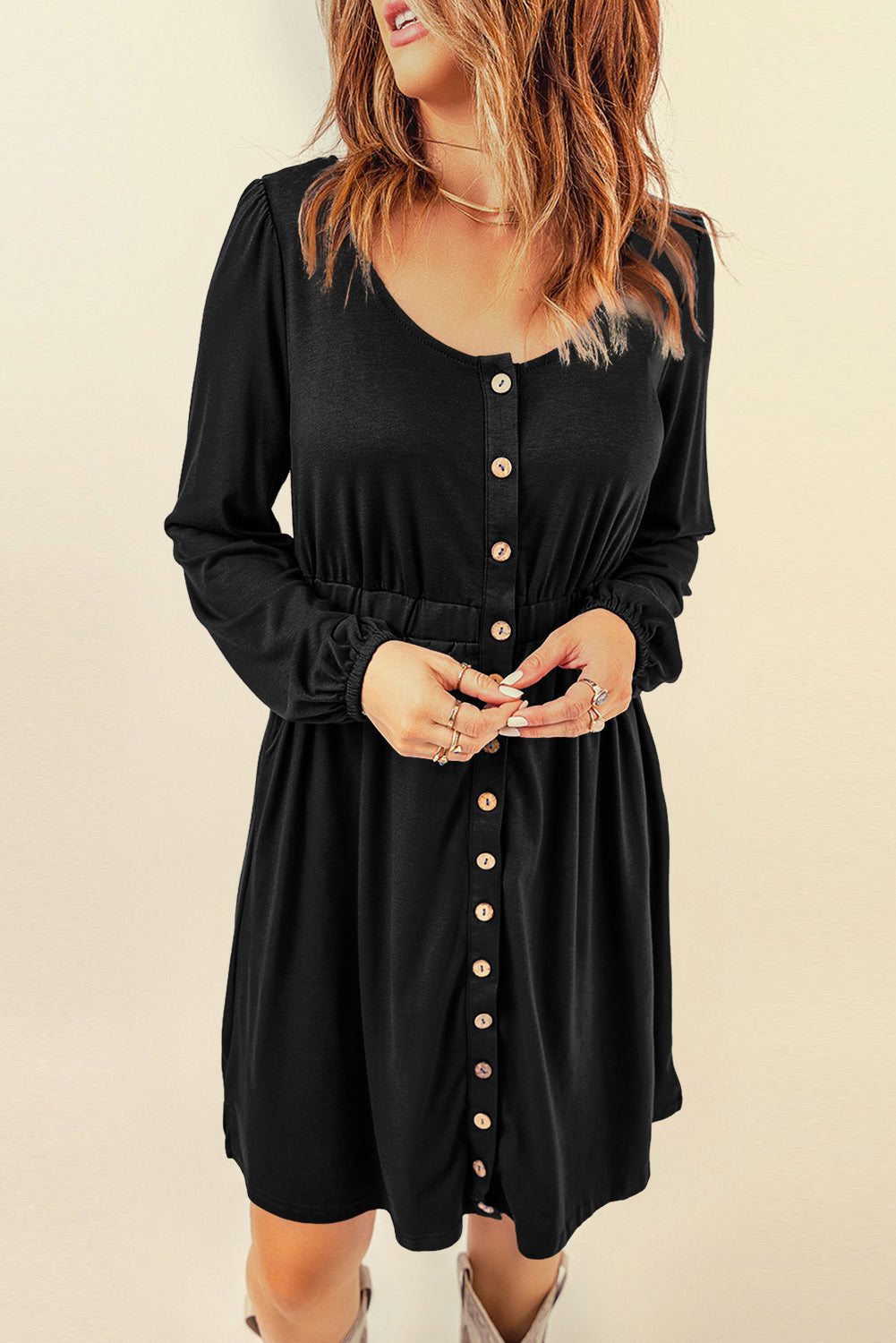 Red Button Up High Waist Long Sleeve Dress