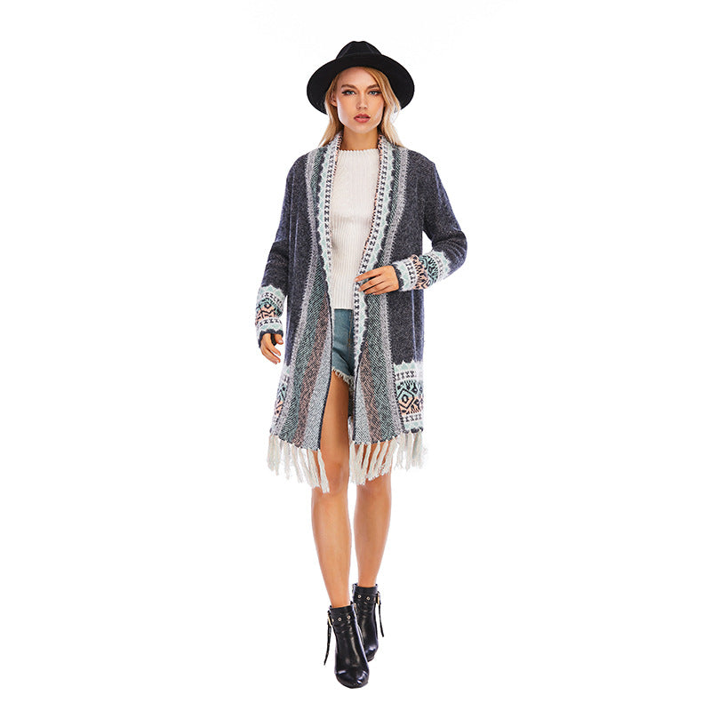 Tassel Retro Ethnic Knitted Cardigan Sweater Bohemian Loose Autumn Winter Long Coat