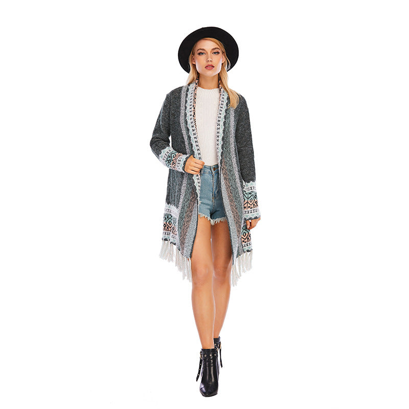 Tassel Retro Ethnic Knitted Cardigan Sweater Bohemian Loose Autumn Winter Long Coat